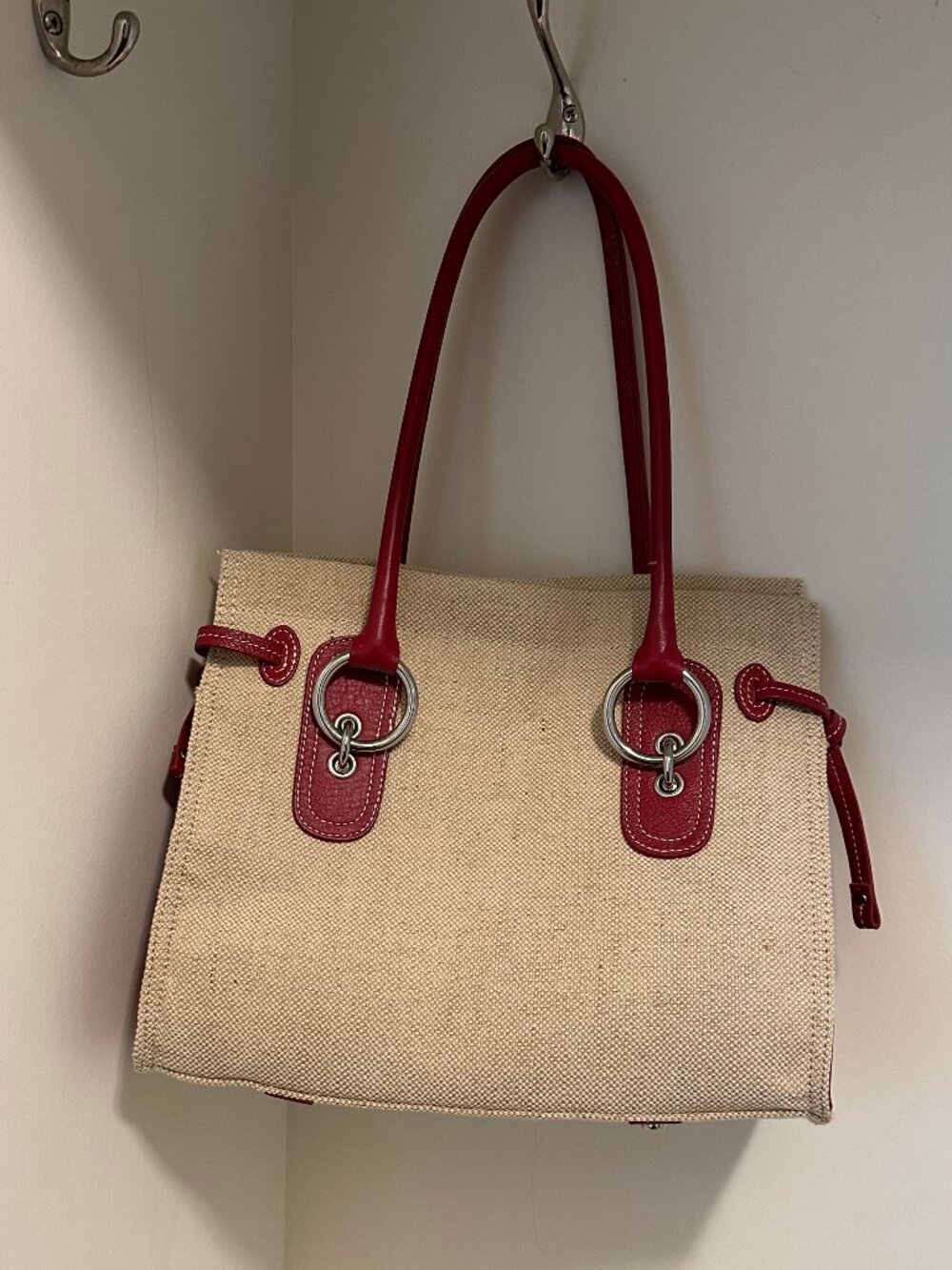Vintage Talbots Purse in Linen-like fabric with red leather, silver hardware